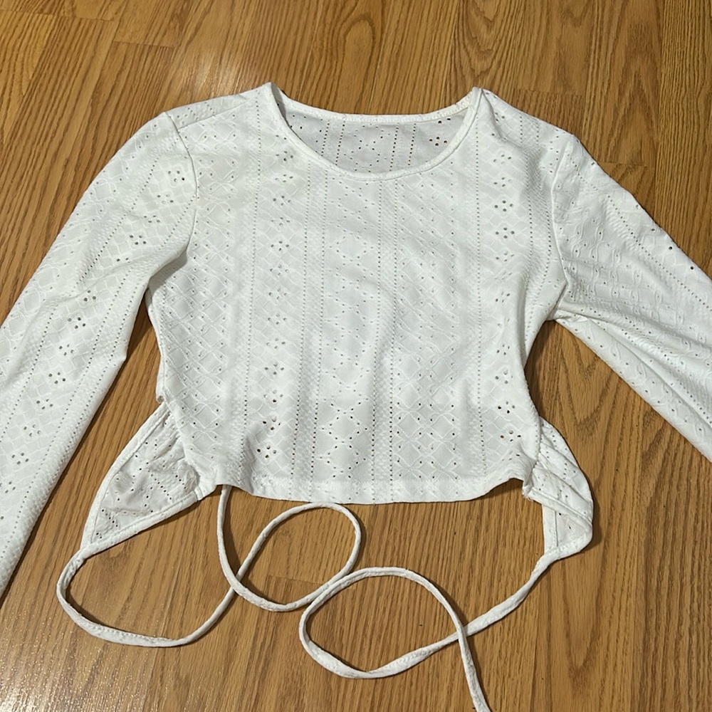Crop top white long sleeve see through ties in back